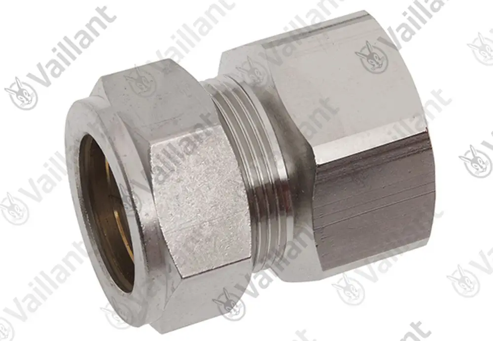 Vaillant Quetschverschraubung aus Metall, mit einer hexagonalen Form und Gewinde, geeignet für Rohrverbindungen in Heizungsanlagen.
